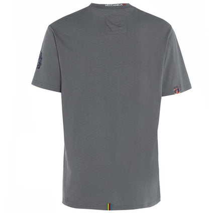 Men’s British-made grey cotton Parts graphic T-shirt by Meccanica with vintage workshop and racing print. Rear view