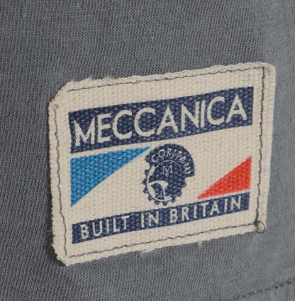 Men’s British-made grey cotton Parts graphic T-shirt by Meccanica with vintage workshop and racing print. Label detail
