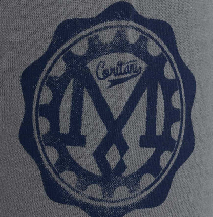 Men’s British-made grey cotton Parts graphic T-shirt by Meccanica with vintage workshop and racing prints with cog detail