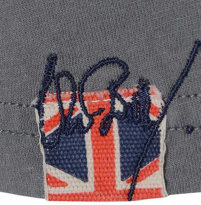 Men’s British-made grey cotton Parts graphic T-shirt by Meccanica with vintage workshop and racing print with Union Jack label