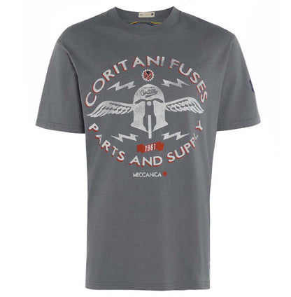 Men’s British-made grey cotton Parts graphic T-shirt by Meccanica with vintage workshop and racing print.