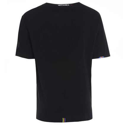 Men’s British-made black cotton Parts graphic T-shirt by Meccanica with vintage engineering-style screen print. Rear view