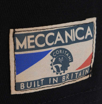 Men’s British-made black cotton Parts graphic T-shirt by Meccanica with vintage engineering-style screen print. Label detail