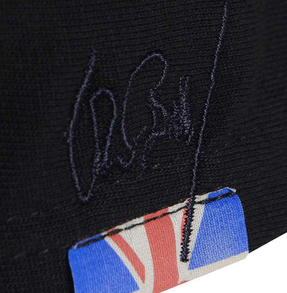 Men’s British-made black cotton Parts graphic T-shirt by Meccanica with vintage engineering-style screen print. with Union Jack labels