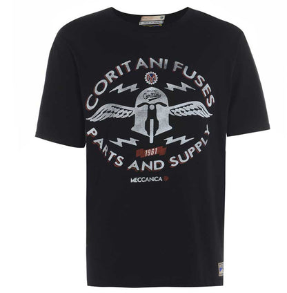 Men’s British-made black cotton Parts graphic T-shirt by Meccanica with vintage engineering-style screen print.