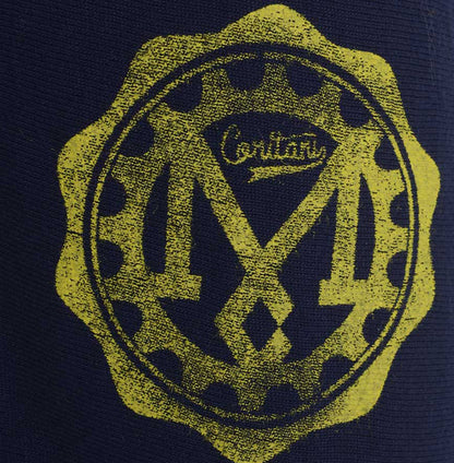 Men’s British-made navy blue cotton Fun graphic T-shirt by Meccanica with retro sporting cog detail