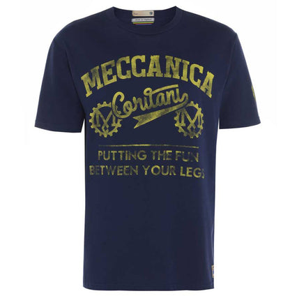 Men’s British-made navy blue cotton Fun graphic T-shirt by Meccanica with retro sporting screen print.