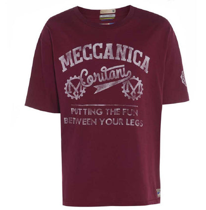 Men’s British-made burgundy cotton Fun graphic T-shirt by Meccanica with vintage motorsport-inspired print.