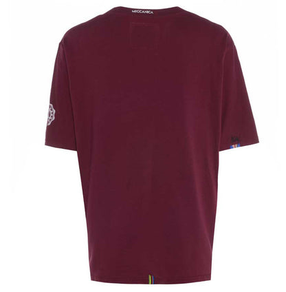 Men’s British-made burgundy cotton Fun graphic T-shirt by Meccanica with vintage motorsport-inspired print. Rear