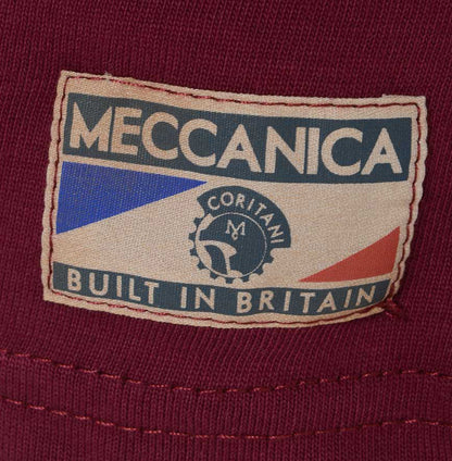 Men’s British-made burgundy cotton Fun graphic T-shirt by Meccanica with vintage motorsport-inspired print and labels
