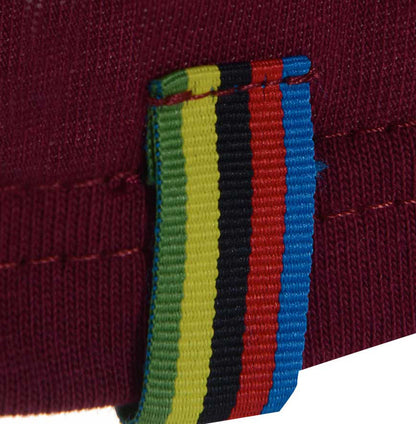 Men’s British-made burgundy cotton Fun graphic T-shirt by Meccanica with vintage motorsport-inspired print with world champion loop detail