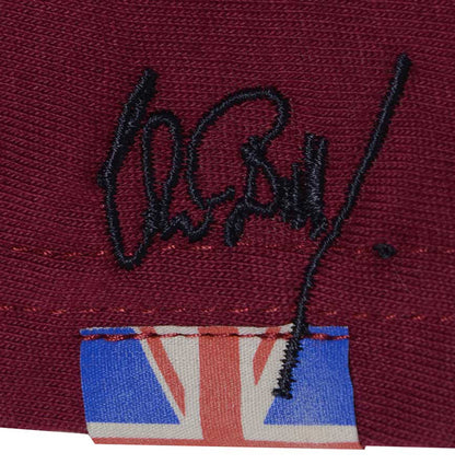 Men’s British-made burgundy cotton Fun graphic T-shirt by Meccanica with vintage motorsport-inspired print and Union Jack label.