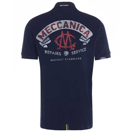 Meccanica-british-made-cotton polo-shirt-navy-blue-screen-printed rear view