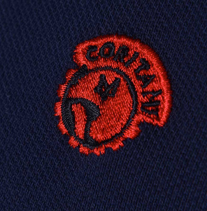 Meccanica-british-made-cotton polo-shirt-navy-blue-screen-printed embroidery detail