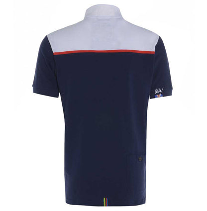 Men’s British-made cotton piqué zip neck polo shirt with Union Flag print, retro cycling styling and rear pocket by Meccanica. rear view