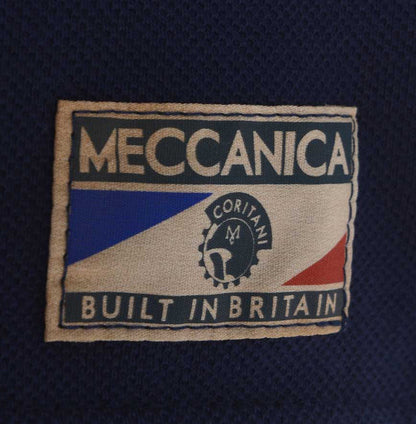 Men’s British-made cotton piqué zip neck polo shirt with Union Flag print, retro cycling styling and rear pocket by Meccanica. print label