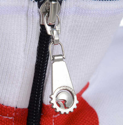Men’s British-made cotton piqué zip neck polo shirt with Union Flag print, retro cycling styling and rear pocket by Meccanica.zip pull