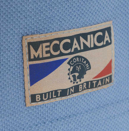 Meccanica british made cotton polo shirt skyblue white badge label