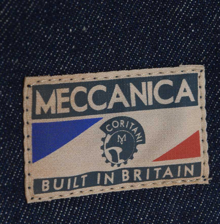 Mens classic retro raw denim jacket made in Britain by Meccanica detail