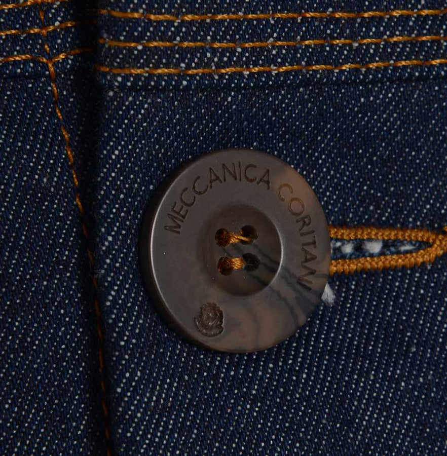 Mens classic retro raw denim jacket made in Britain by meccanica etched buttons