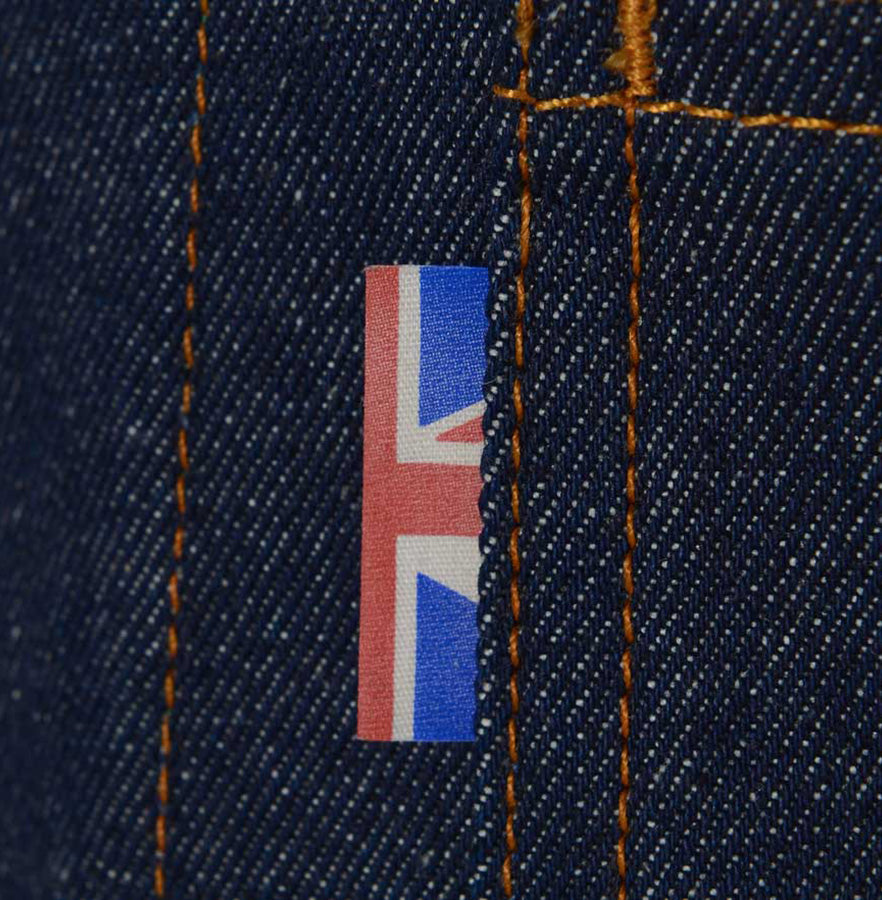 Mens classic retro raw denim jacket made in Britain by meccanica union jack detail