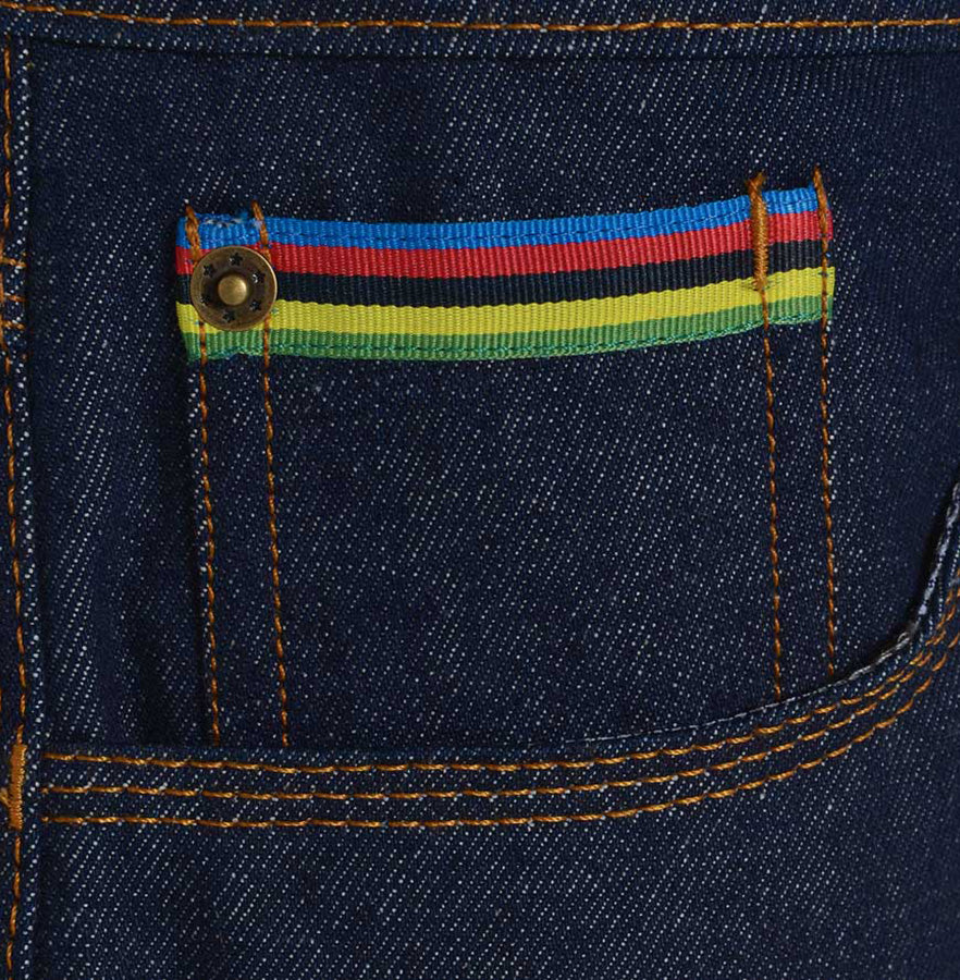 Meccanica raw denim blue straight leg jeans ticket pocket detail
