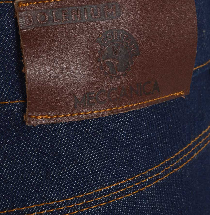Meccanica raw denim blue straight leg jeans leather badge detail