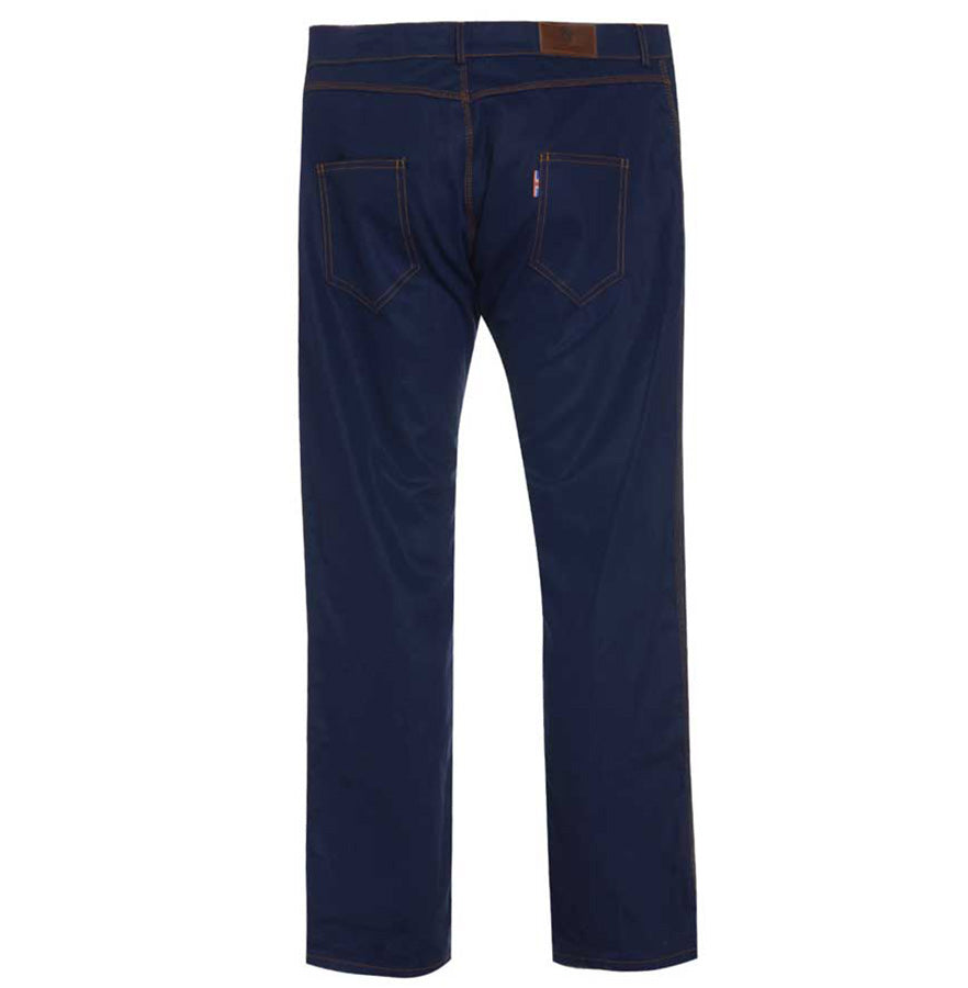 Rear view Cotton British made blue narrow leg chino jeans - triple stitched