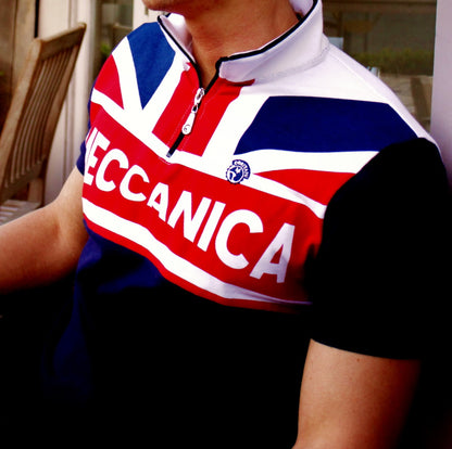 Men’s British-made cotton piqué zip neck polo shirt with Union Flag print, retro cycling styling and rear pocket by Meccanica. Worn on model