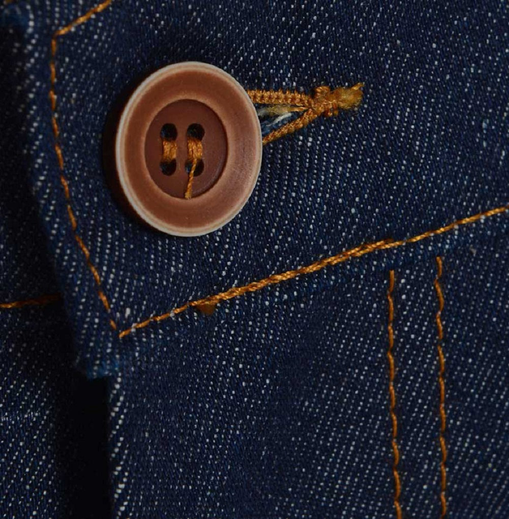 Meccanica hand made in UK triple stitched jeans raw denim narrow leg button detail