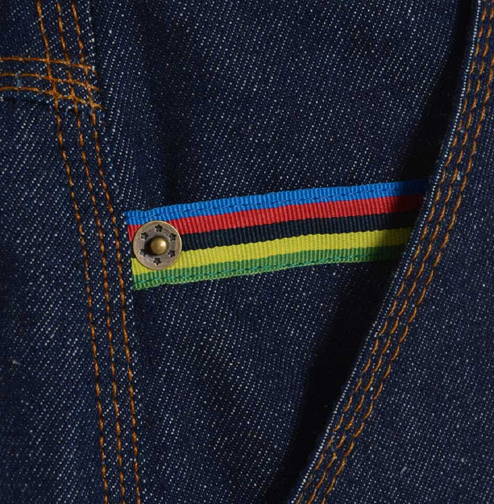 Meccanica hand made in UK triple stitched jeans raw denim narrow leg ticket pocket detail