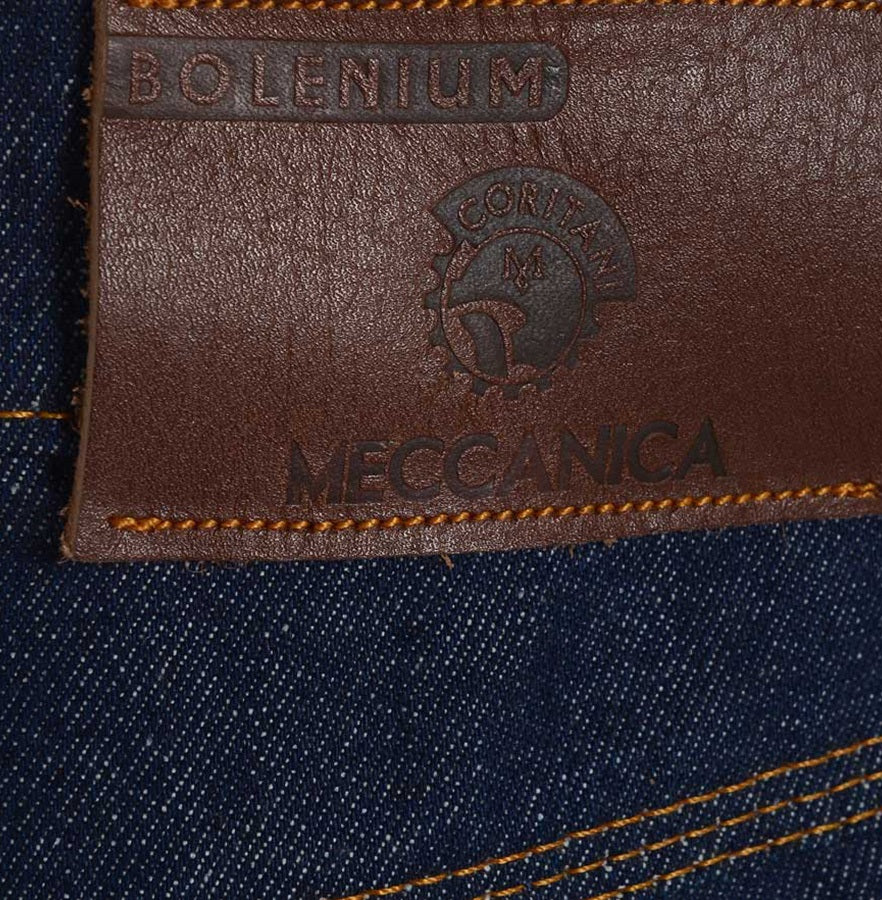 Meccanica hand made in UK triple stitched jeans raw denim narrow leg leather patch