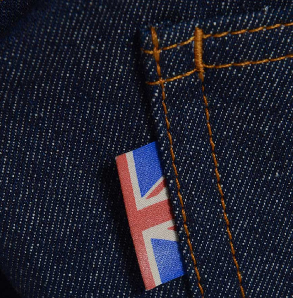 Meccanica hand made in UK triple stitched jeans raw denim narrow leg Union Jack tag detail