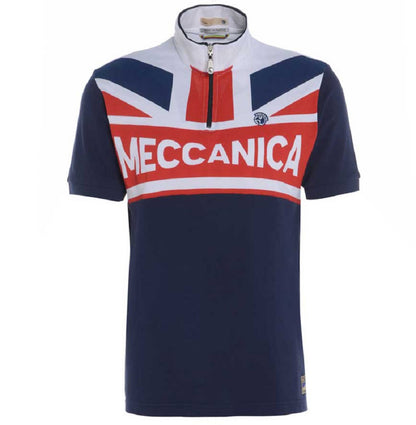 Men’s British-made cotton piqué zip neck polo shirt with Union Flag print, retro cycling styling and rear pocket by Meccanica.