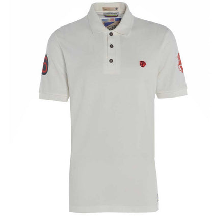 Men’s British-made white ecru cotton piqué polo shirt with classic retro sporting styling by Meccanica