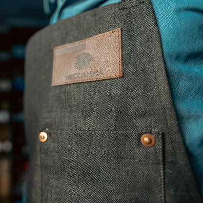 black selvedge denim apron adjustable strap riveted pockets
