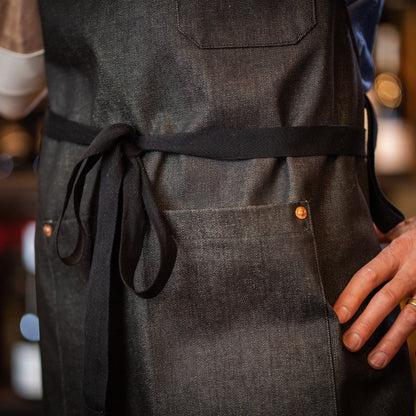 black selvedge denim apron front tie