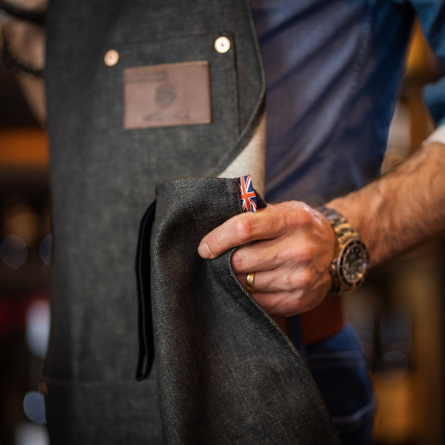 selvedge denim apron union jack badge