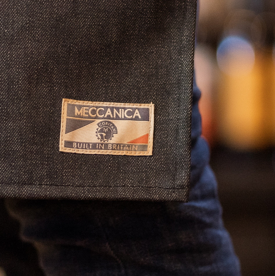 selvedge denim apron leather strap label