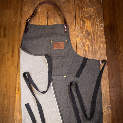 selvedge denim apron leather and cotton straps