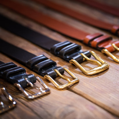 6 sustainable black brown leather belts with brass  and nickel buckle made in england