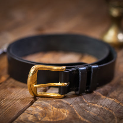 black leather english belt brass buckle
