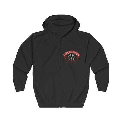 Front view of Full zip British hoodie in black with Meccanica Badge logo hidden iPhone cord opening in front pocket