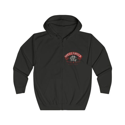 Front view of Full zip British hoodie in black with Meccanica Badge logo hidden iPhone cord opening in front pocket