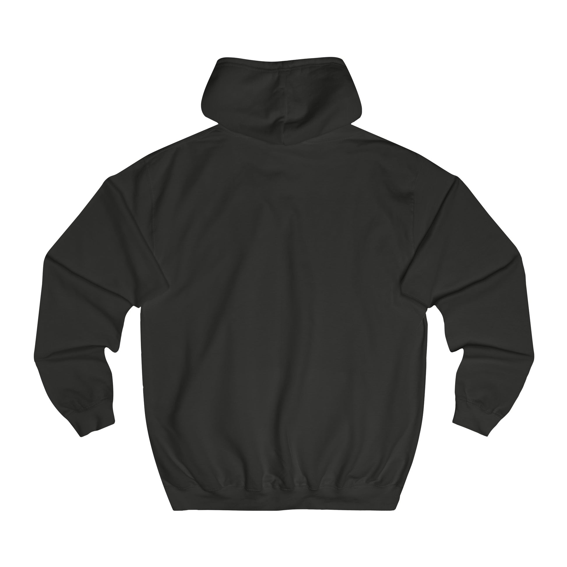 Back view of Meccanica Full zip British hoodie in black with Meccanica Badge logo hidden iPhone cord opening in front pocket