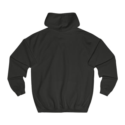 Back view of Meccanica Full zip British hoodie in black with Meccanica Badge logo hidden iPhone cord opening in front pocket