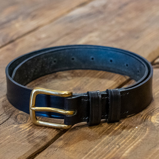 black saddlery leather belt brass buckle made in england