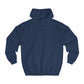 Back view of Full zip British hoodie in navy blue with Meccanica Badge logo hidden iPhone cord opening in front pocket